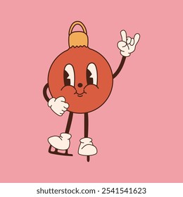 Personagem de bola de Natal retrô. Estilo de animação dos anos 40, 50, 60 em patins. Mascote de Natal