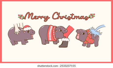 Retro Christmas banner Baby Pygmy Hippo Hand Drawn Cartoon Characters with Santa Hat set