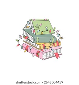Retro Christmas Book Stack Decorated with Festive Garlands in Hand Drawn Style vector illustration isolated on white. Ideal for holiday cards, book themed merchandise, winter reading promotions
