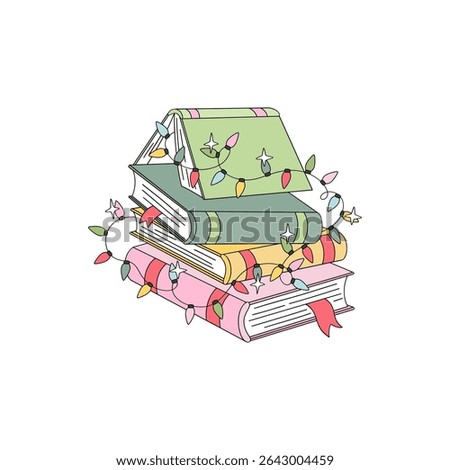 Retro Christmas Book Stack Decorated with Festive Garlands in Hand Drawn Style vector illustration isolated on white. Ideal for holiday cards, book themed merchandise, winter reading promotions