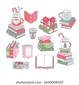 Retro Christmas Book Stacks, Holiday Mugs with marshmallow, festive Book Club Ticket vector Illustration set isolated on white. Ideal for seasonal greeting cards, winter reading promotions, cozy book