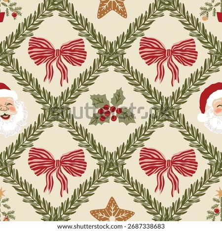 Retro Christmas bows seamless pattern. Hand drawn fir tree trellis, ribbon Santa Claus, gingerbread, Christmas tree repeat background, wallpaper, wrap paper. Vintage winter holiday textile design.