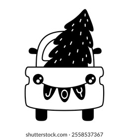Retro Christmas car clipart. Black and white car doodle. Cute festive object. Hand drawn vector illustration in flat style.