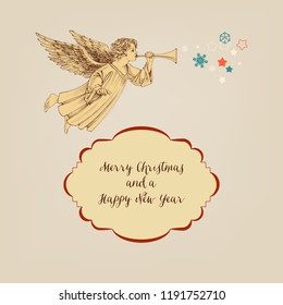 Retro Christmas card, angel and frame for greeting text