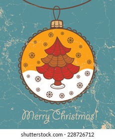 Retro Christmas card with ball and Christmas tree. Vector illustration.