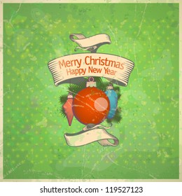 Retro Christmas card with ?hristmas balls and ribbons against green grunge backdrop.