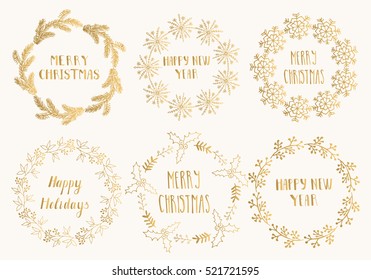 Retro Christmas card. Celebration white background with gold Christmas wreath and place for your text. Vector Illustration