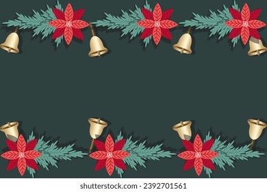 Retro Christmas Card Cover in trendy style. Xmas 2024 poster with Christmas Holly mistletoe flower, golden bell and copy space. Flat New Year website banner minimalist Groovy. Vector Art. XMAS brochur