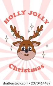 Retro Christmas card with cute deer. Groovy character.
