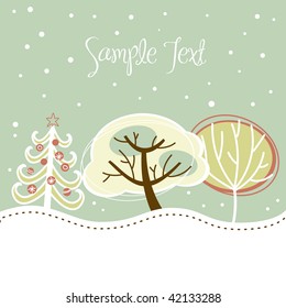 Retro Christmas card with cute trees and snow on it