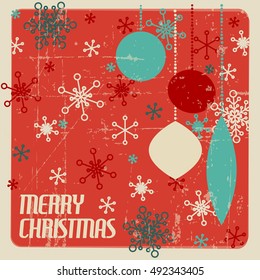 Retro Christmas card with christmas decorations and snowflakes - teal and red