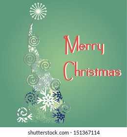 Retro Christmas card with christmas decorations and tree