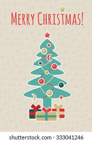 A retro christmas card design with a decorated tree and presents