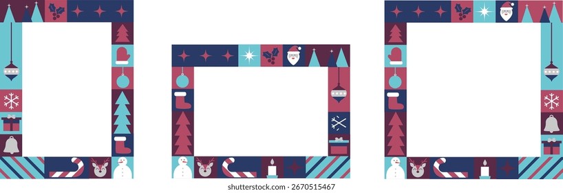 Retro Christmas Card Frames with Vintage Icons and Festive Borders