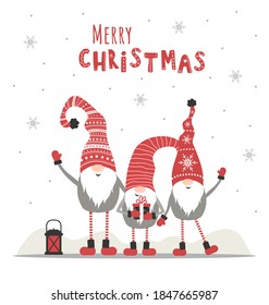 Retro Christmas card with gnomes. Season greeting. Scandinavian cute elves in santa hats. Vector illustration in flat style. Nordic design for poster, flyer, gift tags and postcards.