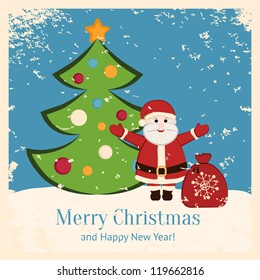 Retro Christmas card with happy Santa and fir