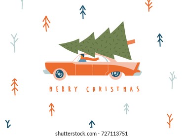 Retro Christmas card with men driving a car, carrying fir tree to home.
