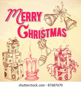 Retro Christmas card Merry Christmas lettering and hand drawn gift boxes, candle, stocking and bells vector illustration