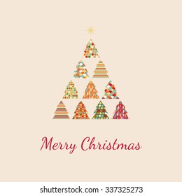 Retro Christmas card. Merry Christmas. Patterned Christmas trees.