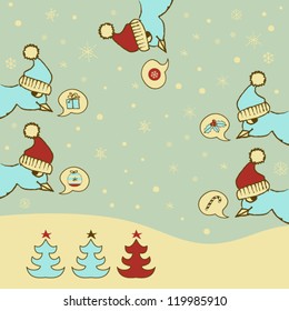Retro Christmas card with naughty birds