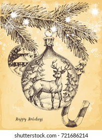 Retro Christmas card. Pine tree and decorations