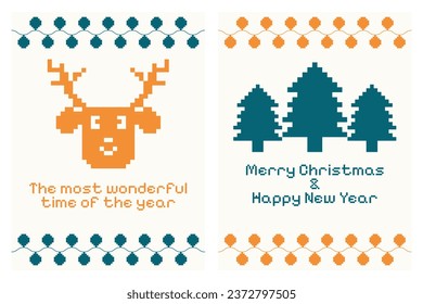 Retro Christmas card with pixel elements. Deer, Christmas trees, garland.