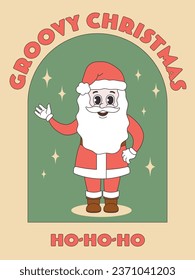 Retro Christmas card with Santa. Postcard in trendy style.	
