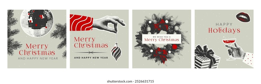 Retro Christmas card set with halftone elements. Holiday vector illustrations in red, black, gray color scheme with vintage vibes, perfect for greeting cards, festive decor and social media.