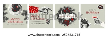 Retro Christmas card set with halftone elements. Holiday vector illustrations in red, black, gray color scheme with vintage vibes, perfect for greeting cards, festive decor and social media.