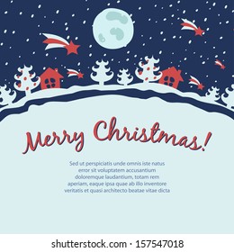 Retro Christmas card with snowfall landscape