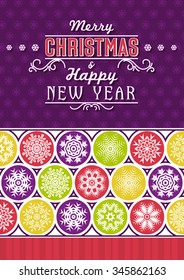 Retro Christmas card with snowflakes and greeting text, vector illustration