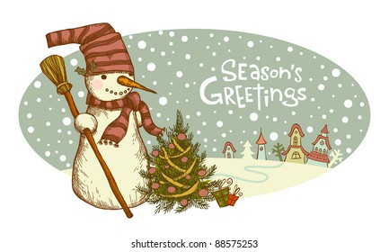 Retro Christmas card, Snowman beside christmas tree.