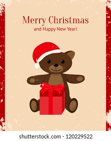 Retro Christmas card with teddy bear and present