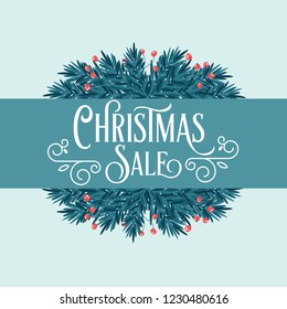 Retro Christmas card with tree branches and wishes. Flat design. Vector