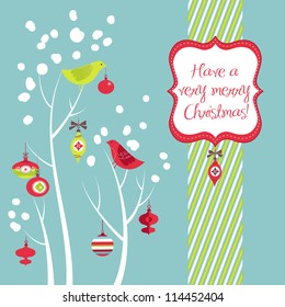 Retro Christmas card with two birds, white snowflakes, winter trees and baubles