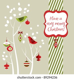 Retro Christmas card with two birds, white snowflakes, winter trees and baubles