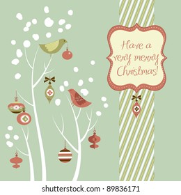 Retro Christmas card with two birds, white snowflakes, winter trees and baubles