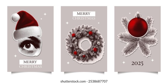 Tarjetas de Navidad retro con efecto de collage de medio tono. Ilustraciones vectoriales de minimalismo en negro, rojo, paleta gris. Ideal para saludos festivos y publicaciones en redes sociales. Vector