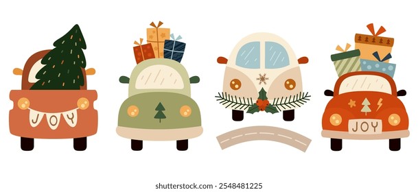 Retro Christmas cars clipart. Merry Christmas clipart. Cute festive object. Hand drawn vector illustration in flat style.