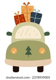 Retro Christmas cars clipart. Vintage Christmas tree truck clip art in flat style