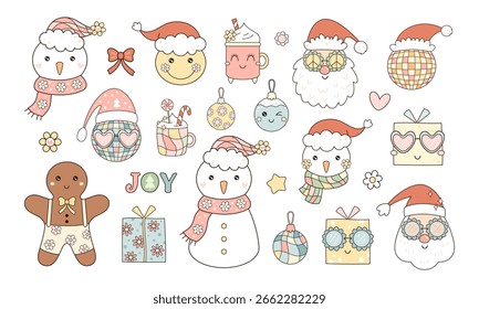 Retro clipart de Natal conjunto com bonito Santa, bonitão de neve, presentes e ornamentos. Objetos sazonais de feriado em estilo de vetor de desenho animado.