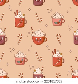 Retro Christmas cocoa seamless vector pattern. Hot chocolate mascot character 