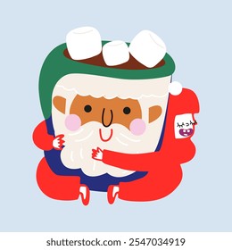 Xícara de café de Natal retrô e adesivo de personagem. Elementos de design perfeito para menu café, cartazes de café. Personagem de desenho animado desenhado à mão bonito abraçando uma xícara de cacau com marshmallows