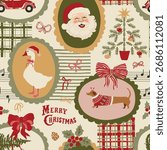 Retro Christmas collage seamless pattern. Cozy winter holiday mosaic wallpaper, New Year print. Retro Santa, Christmas tree, dog, goose, car, note, bows. Vector patchwork background textile design