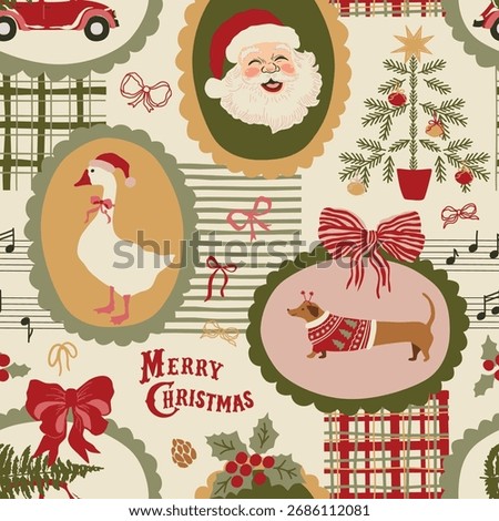 Retro Christmas collage seamless pattern. Cozy winter holiday mosaic wallpaper, New Year print. Retro Santa, Christmas tree, dog, goose, car, note, bows. Vector patchwork background textile design
