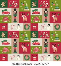 Retro Christmas colorful icons quilt checker Vector Pattern
