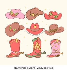 Retro Christmas Cowboy boots and cowboy hats collection hand drawn cartoon doodle