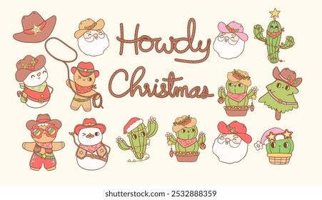 Retro Christmas Cowboy element clipart set Hand drawn cartoon character collection