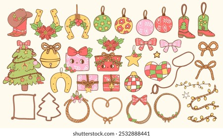 Retro Christmas Cowboy ornaments and decoration element clipart set Hand drawn cartoon character collection