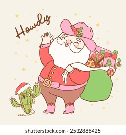 Navidades retro vaquero Santa claus sosteniendo saco de regalos dibujado a mano personaje de dibujos animados doodle